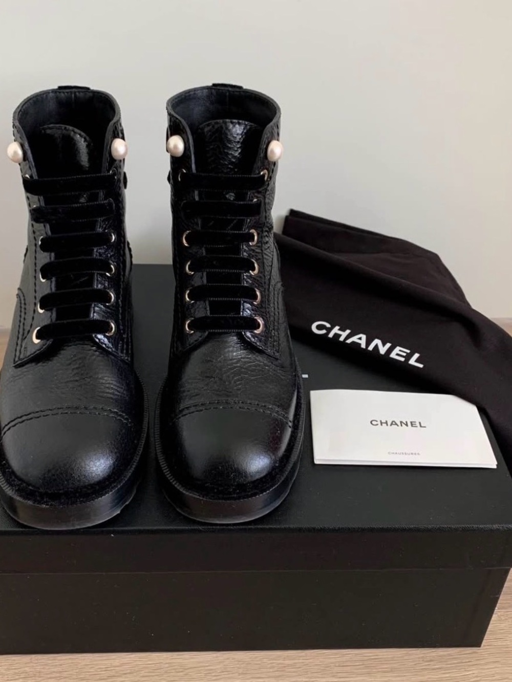 CHANEL Black Leather Lace-Up Pearl-Trim Ankle Boots